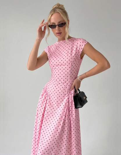 Vintage Polka Dot Ruched Midi Dress